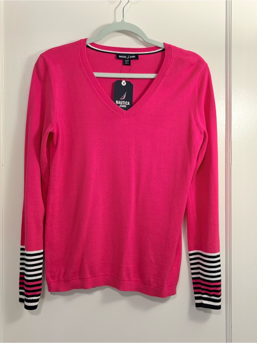 Nautica Bright Pink V-Neck Sweater with Striped Neck Trim - Picture 2 of 5